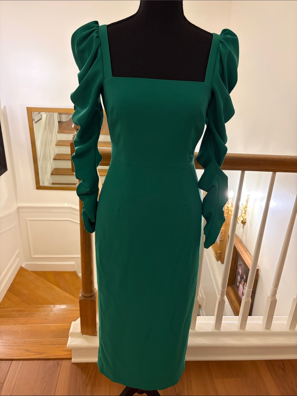 Antonio Melani Emerald Green Square-Neck Midi Dress with Ruffled Sleeves 0